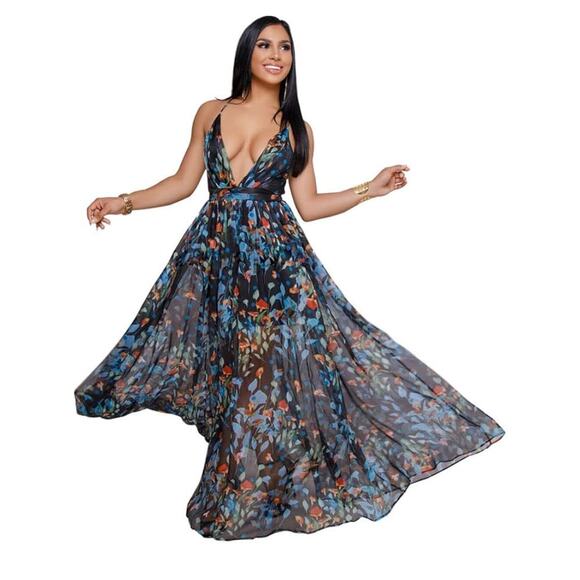 Luxxel Floral Print Spaghetti Stral Maxi Dress Size M Medium Multicolored - Picture 9 of 9